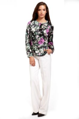 BOSS Black Floral Silk Beaded Neckline Blouse