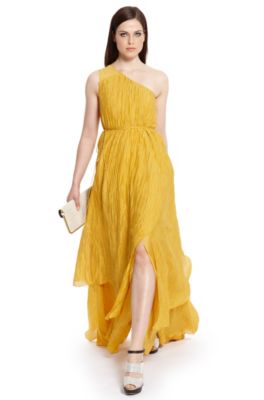 One-Shoulder Textured Silk &lsquo;Diliett&rsquo; Floor-Length Dress, Medium Yellow