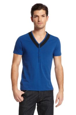 V-Neck Button Collar 'Deine' T-Shirt, Bright Blue