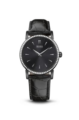 &lsquo;1502303&rsquo; | Black Crocodile-Embossed Leather Strap Watch