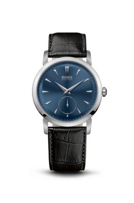&lsquo;1512777&rsquo; | Black Crocodile Embossed Leather Strap Watch